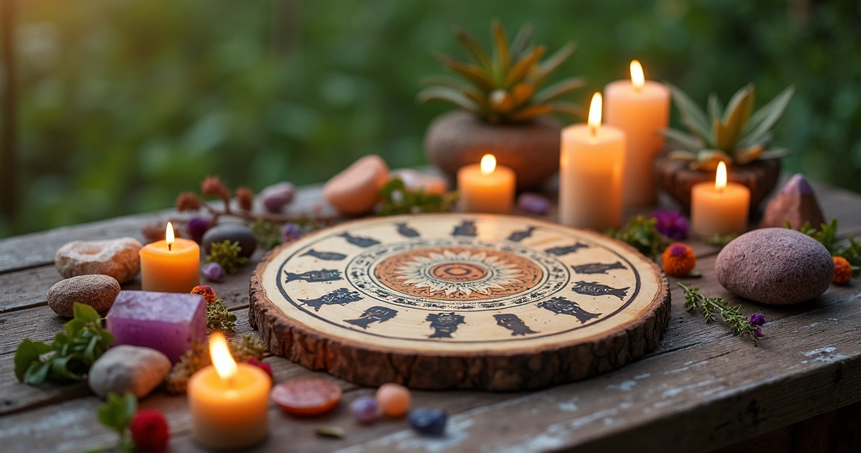 Altar decorado com símbolos da Roda do Ano, velas acesas, cristais e elementos naturais para celebrar sabás esotéricos