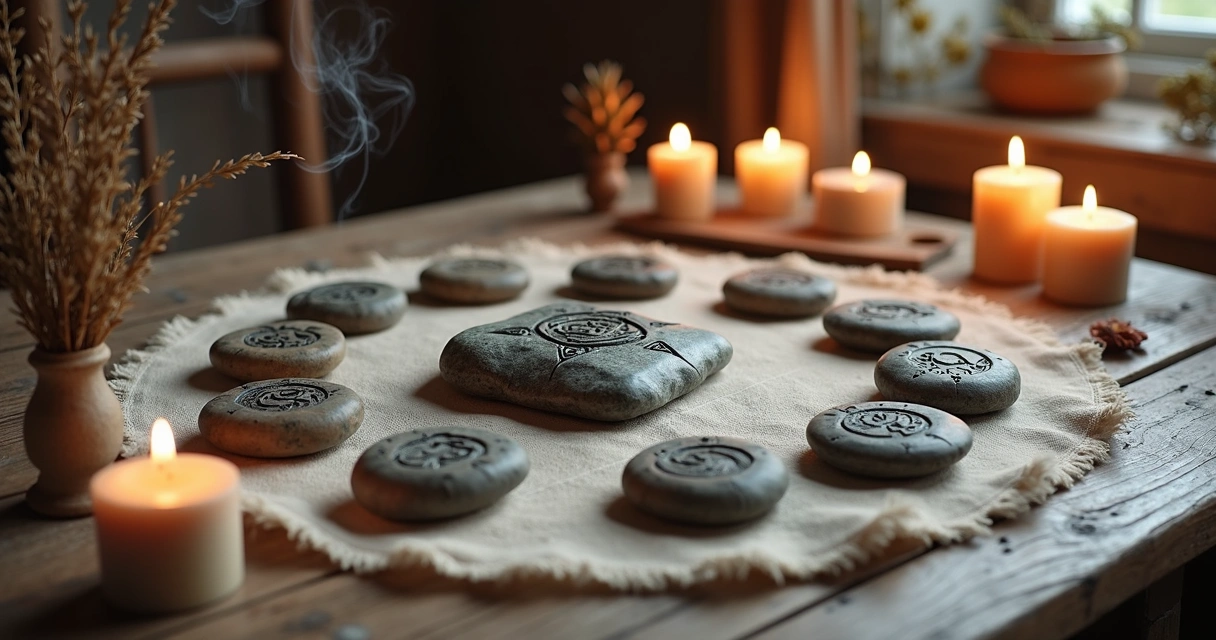 Pedras de runas gravadas sobre tecido natural com símbolos nórdicos, dispostas em círculo sobre mesa de madeira rústica clara, iluminadas por luz suave e quente, com elementos esotéricos ao redor como velas acesas e plantas secas