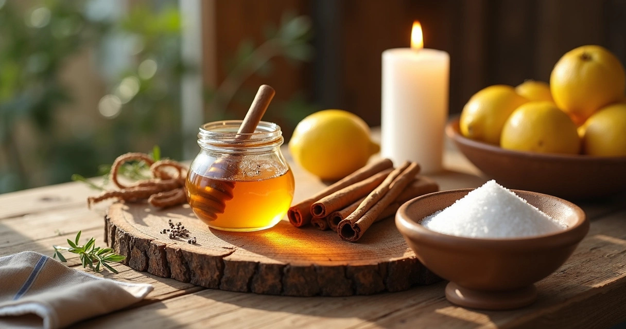 Mesa rústica com alimentos usados em simpatias, como mel, canela em pau, limões, açúcar e velas acesas