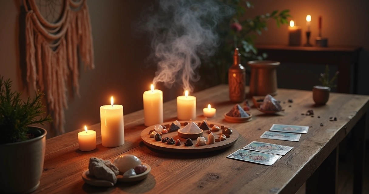 Mesa com velas acesas, cristais, incensos e cartas de tarot em ambiente com luz suave, representando trabalho espiritual à distância