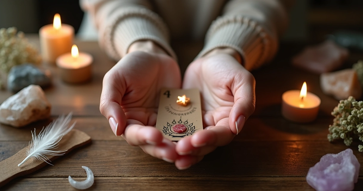 Mãos femininas segurando pequenos objetos simbólicos do universo sobre mesa com cristais e velas acesas