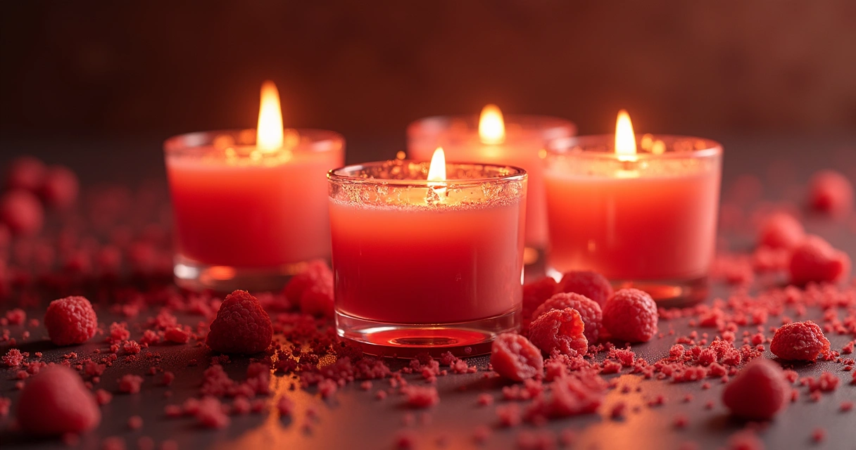 Velas coloridas acesas sobre superfície de madeira com cristais e ervas ao redor