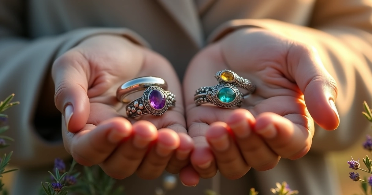 Mãos femininas segurando delicadamente anéis de prata e ouro com pedras variadas em fundo suave e luz dourada