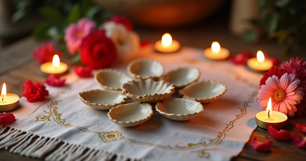 Conchas de búzios abertas sobre toalha branca com símbolos esotéricos, rodeadas por castiçais acesos e flores coloridas para ambiente de harmonia familiar