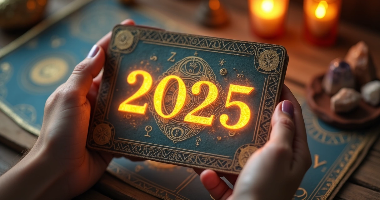 Mãos segurando um calendário com o ano 2025 destacado em dourado e símbolos esotéricos ao redor