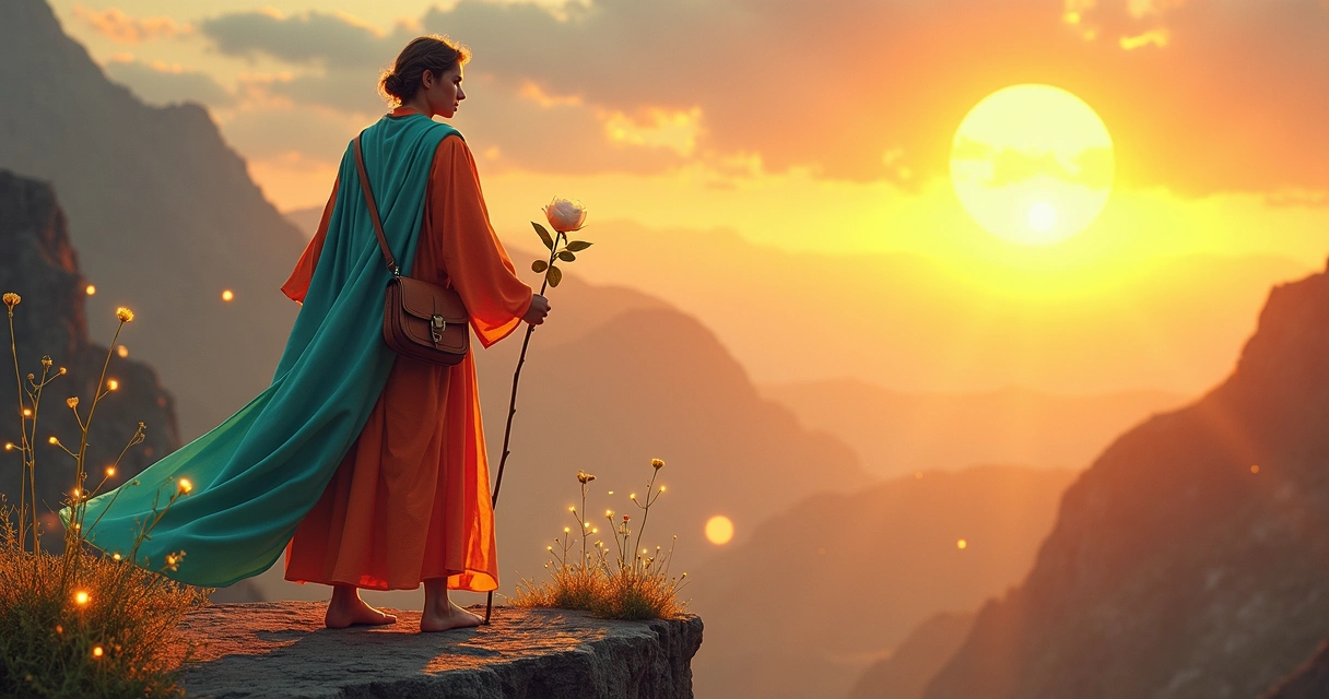 Carta do Louco de tarot com fundo luminoso e símbolos de novos começos e liberdade