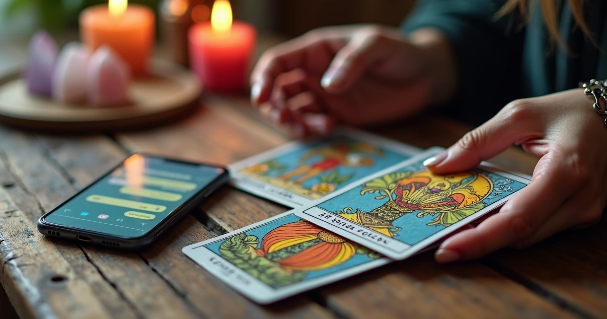 Mãos femininas segurando cartas ciganas abertas sobre mesa com smartphone mostrando conversa de WhatsApp
