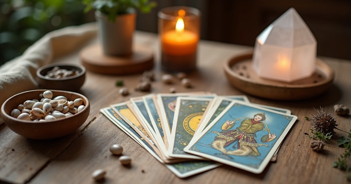 Mesa com cartas de tarot, búzios e cristal para consulta de oráculos