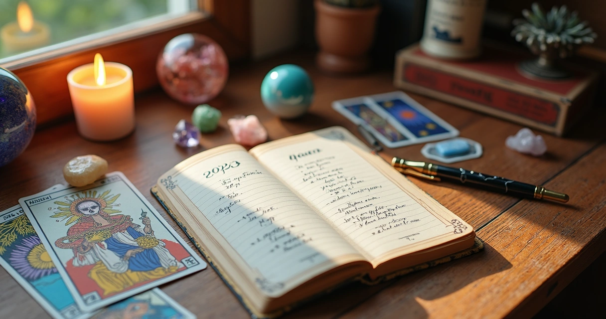 Mesa com cartas de tarot espalhadas, caderno aberto com metas escritas e itens de planejamento ao redor