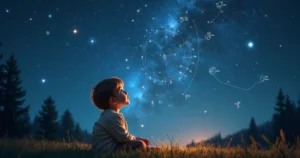 Criança olhando curiosa para o céu estrelado com constelações e símbolos astrológicos ao redor