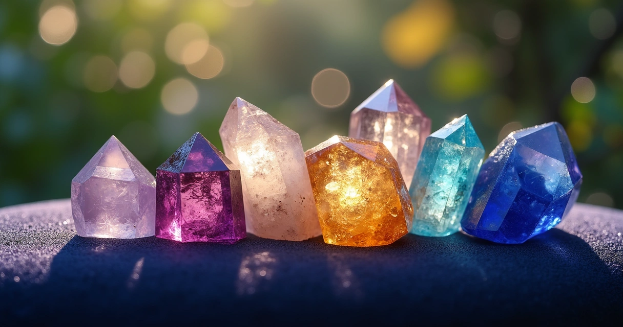 Cristais multicoloridos sobre fundo de veludo com brilho suave e luz natural