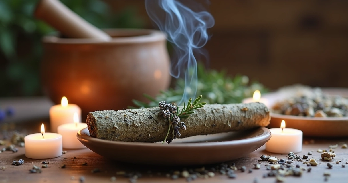 Defumador natural artesanal com ervas secas, velas e fumaça suave em ambiente rústico