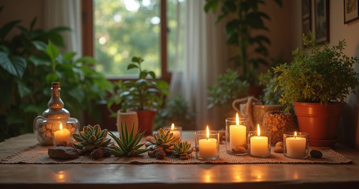 Elementos de proteção espiritual em casa com plantas, velas e cristais organizados na sala