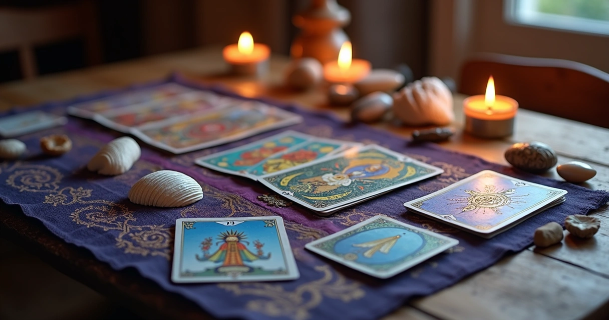 Mesa com cartas de tarô espalhadas junto a pedras e búzios para leitura esotérica