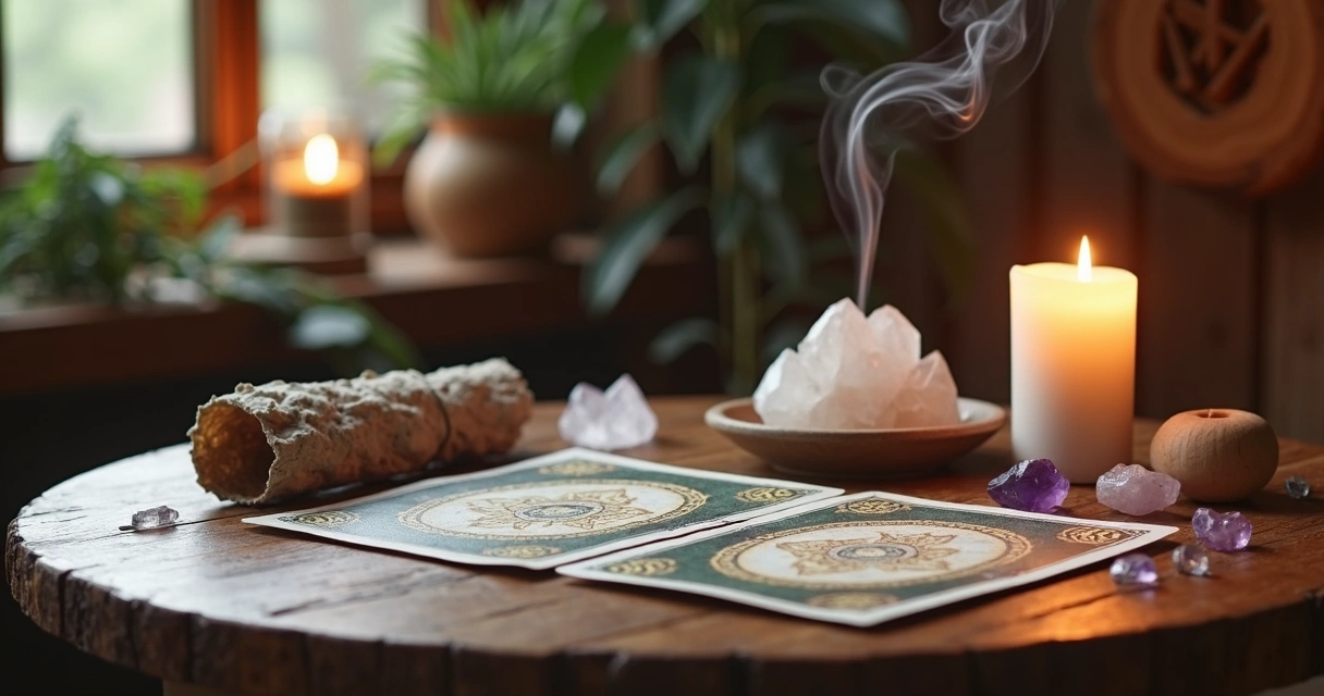 Mesa mística com oráculo, cristais, incenso aceso e vela branca para limpeza espiritual