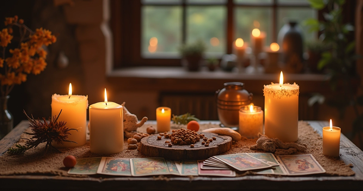 Mesa de madeira com velas acesas, búzios, cartas de tarot e elementos naturais para ritual de mudança de casa cigano