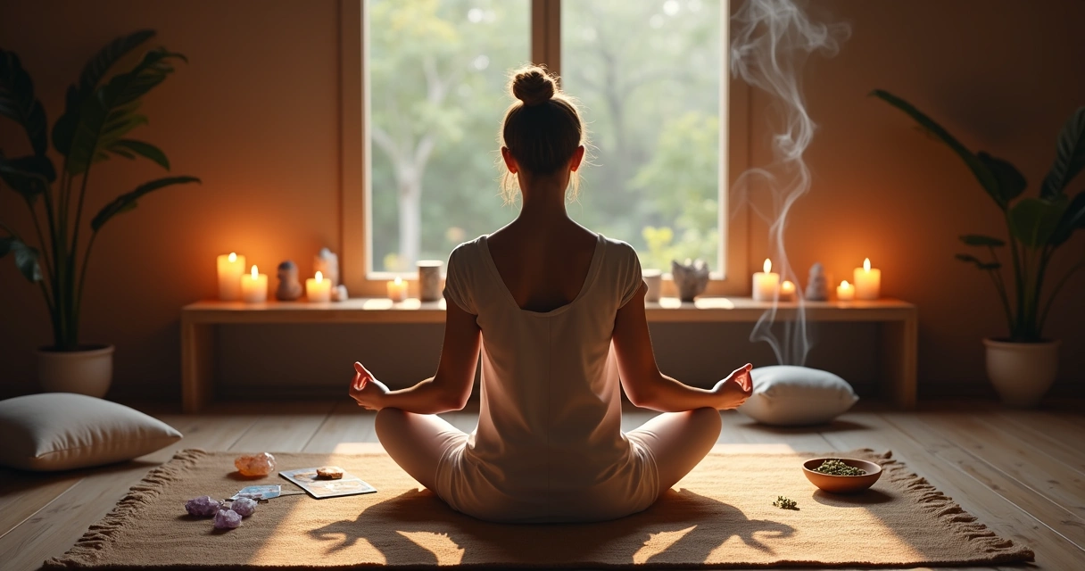 Mulher meditando diante de altar espiritual com velas acesas e cristais em ambiente iluminado