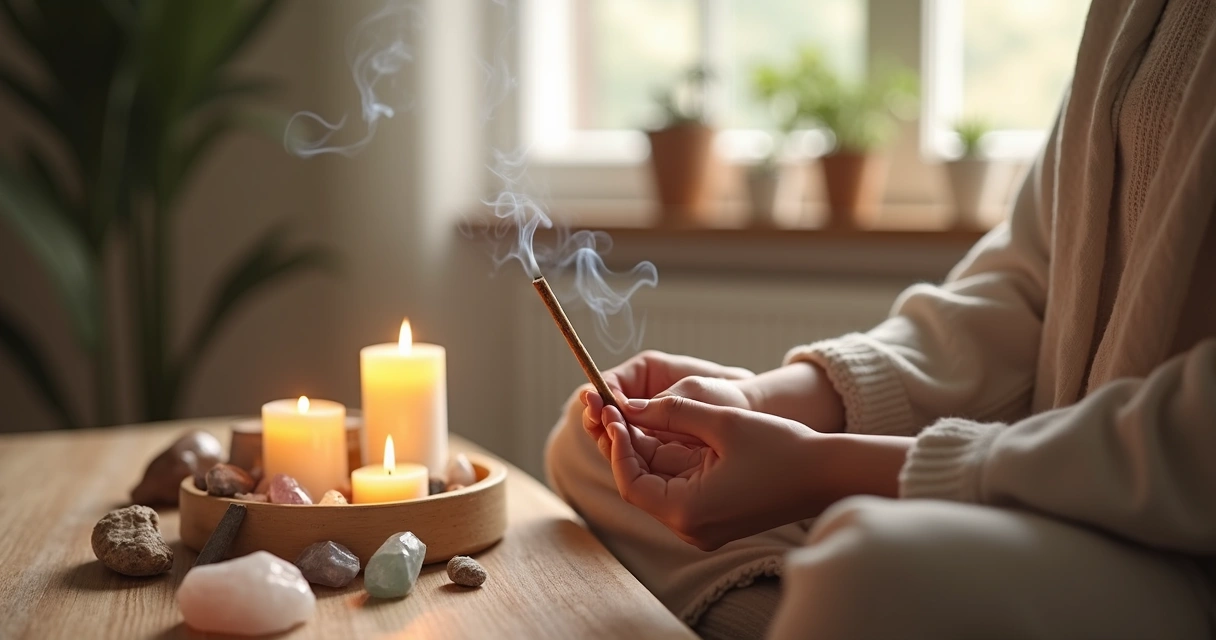 Pessoa usando incenso para limpeza energética em ambiente tranquilo com velas acesas e cristais