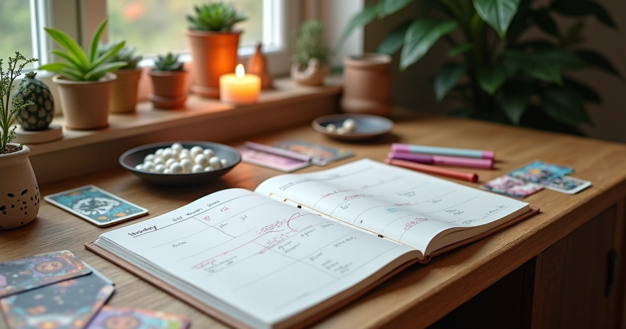 Mesa com planner semanal aberto, cartas de tarot e búzios ao lado, ambiente organizado com elementos esotéricos