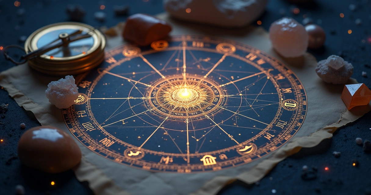 Carta celestial detalhada com constelações, zodíaco e símbolos astrológicos em fundo escuro estrelado
