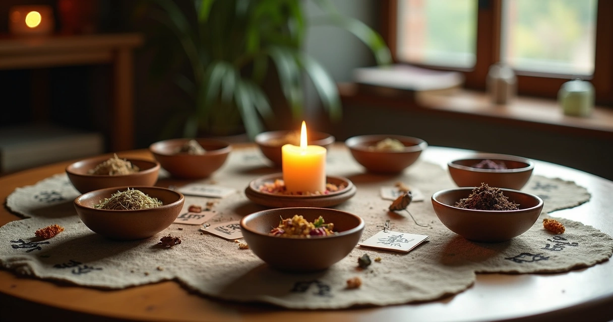 Mesa elaborada com objetos esotéricos simbolizando os dias da semana para rituais espirituais