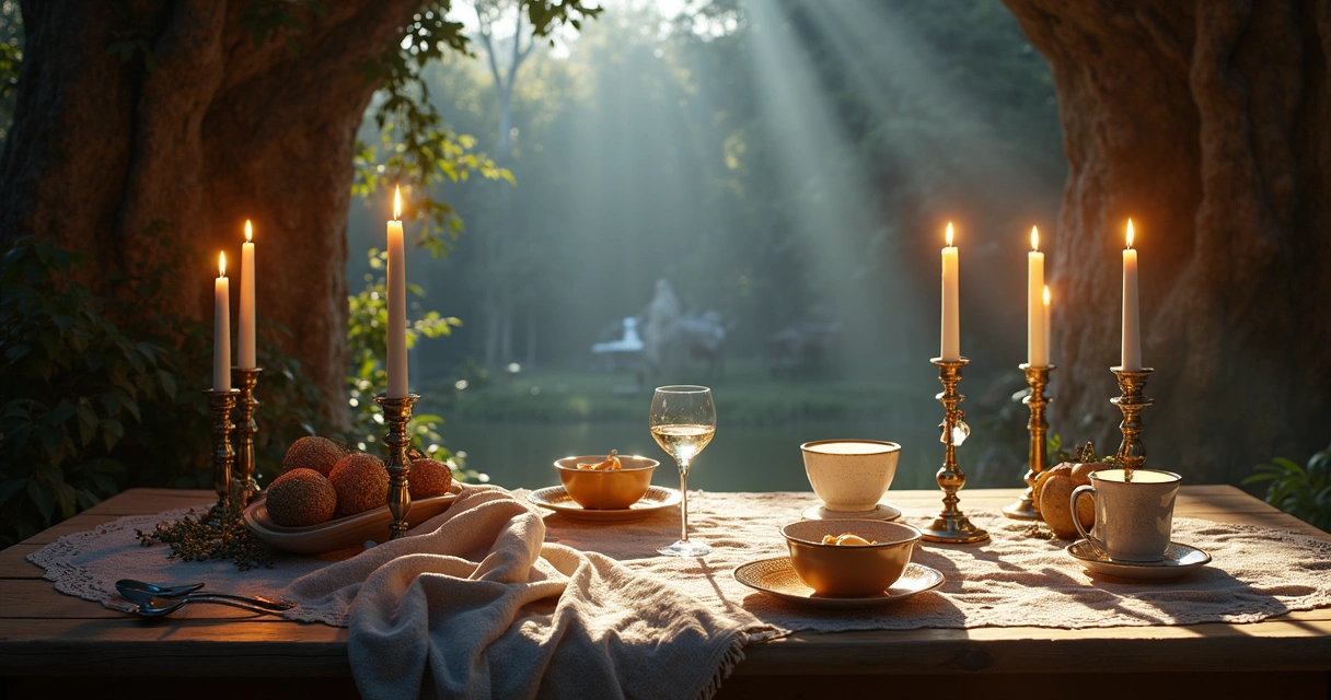 Mesa com velas acesas, cristais, e ervas para rituais da lua minguante sob uma luz suave e mística