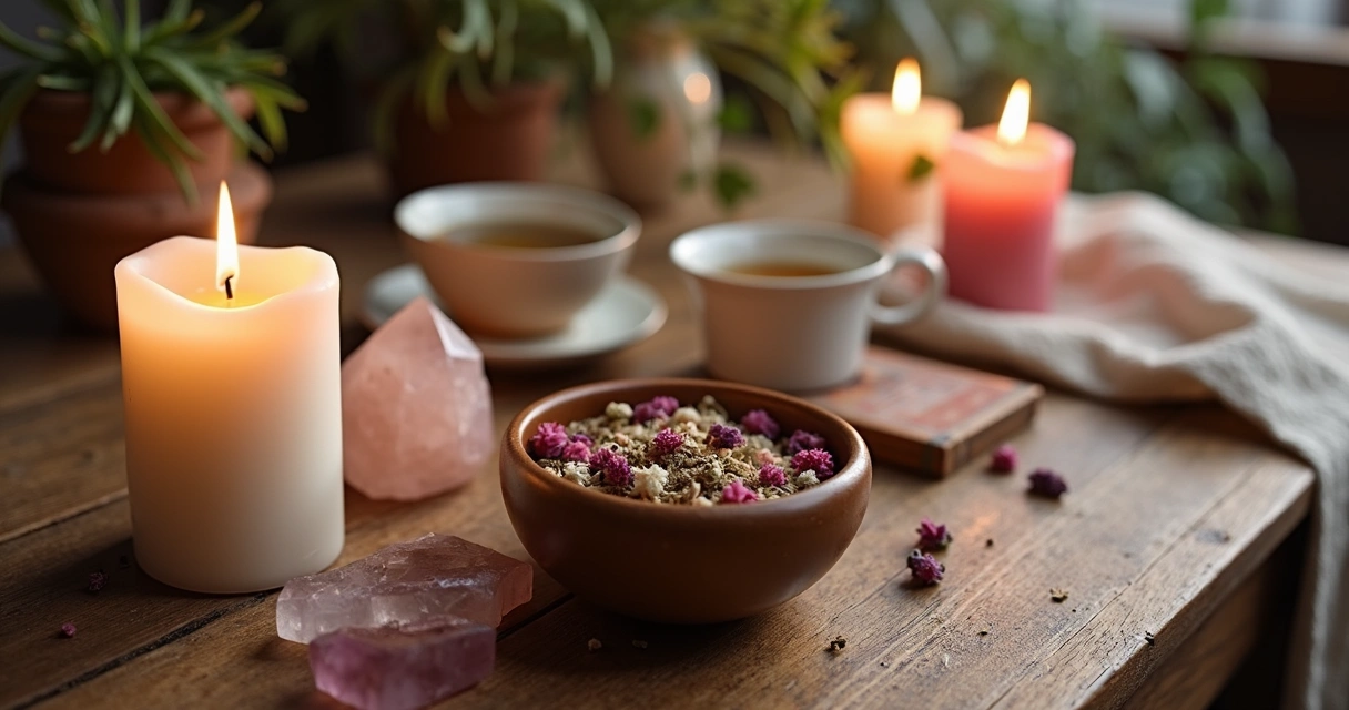 Mesa com pequenos encantamentos para atrair amizade, incluindo velas, cristais e plantas secas, em ambiente acolhedor