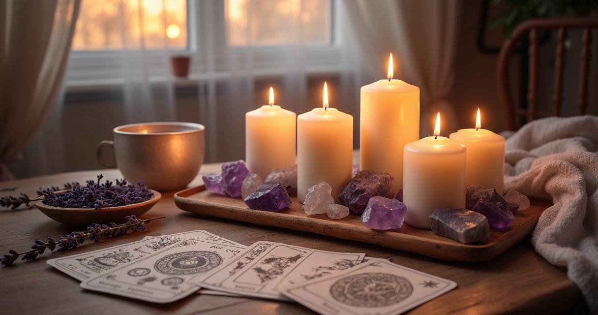 Mesa com velas, cristais, cartas de tarot e elementos naturais para ritual de final de ciclo