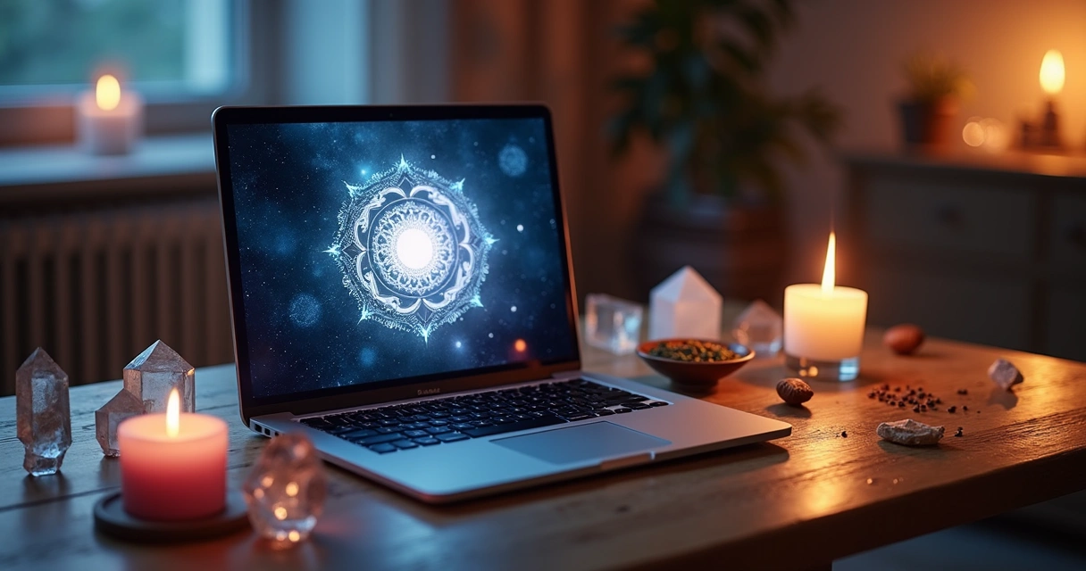 Mesa com objetos esotéricos para limpeza digital, laptop aberto mostrando tela com símbolos místicos, vela acesa e cristais