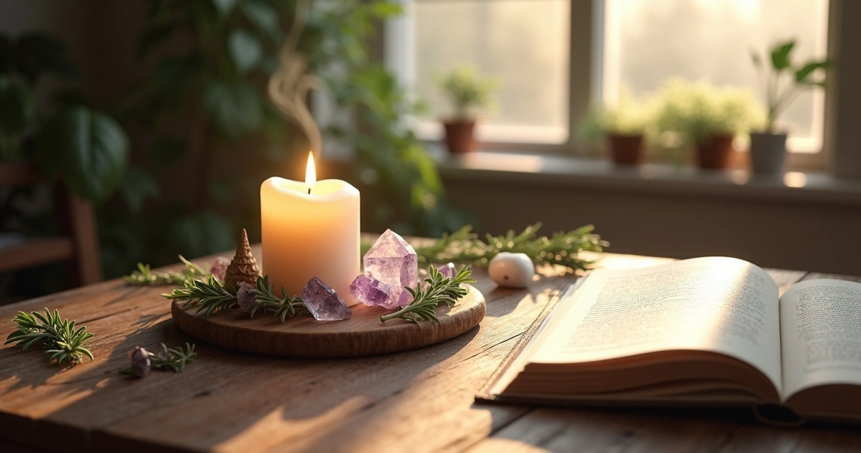 Mesa com elementos para ritual de proteção matinal, incluindo vela branca acesa, cristais e ervas naturais, em ambiente iluminado pela luz suave do amanhecer
