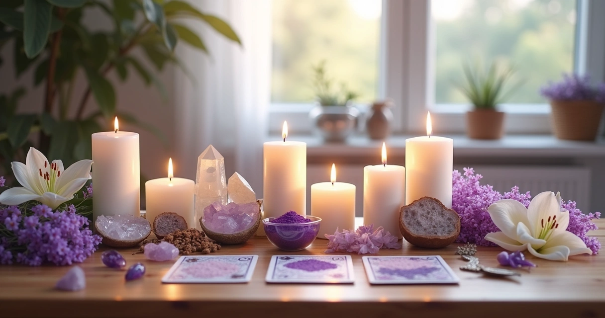 Mesa com velas, cristais e flores em ambiente iluminado para ritual de renovação