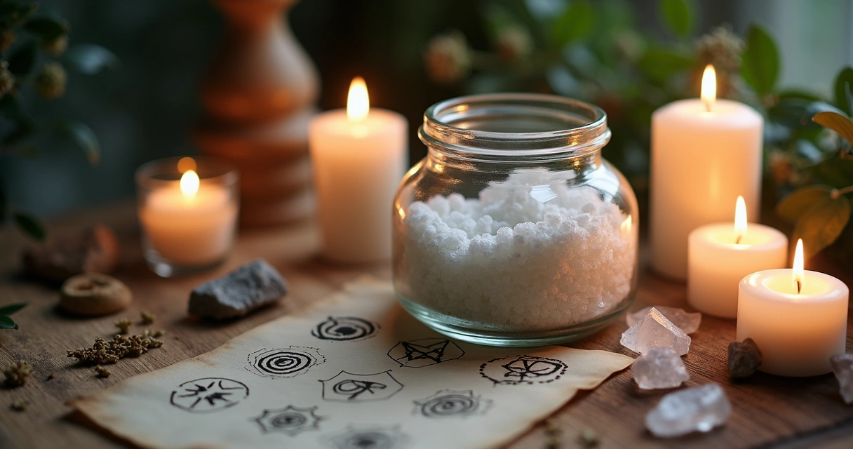 Pote com sal grosso e cristais sobre mesa de madeira com velas acesas e símbolos esotéricos