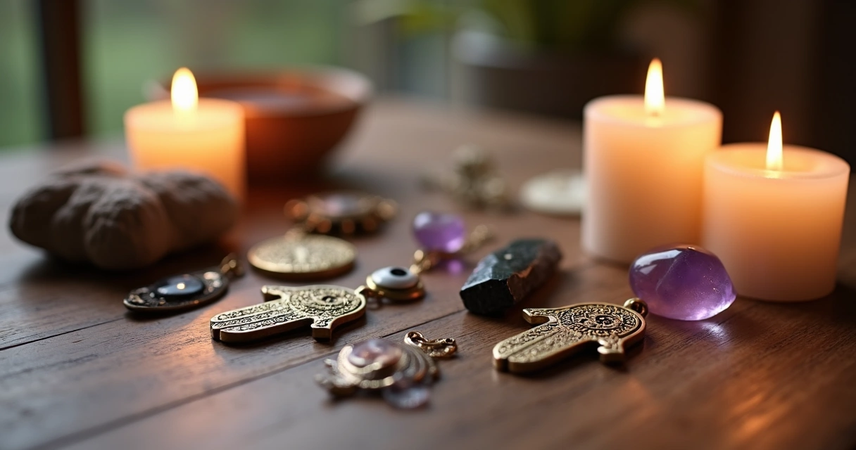 Espaço com vários símbolos de proteção sobre uma mesa de madeira clara, incluindo amuletos, pedras e velas acesas