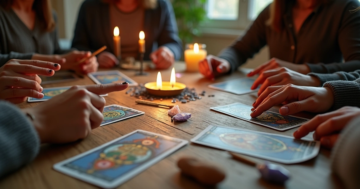 Mesa com várias pessoas participando de uma leitura coletiva de tarot com cartas espalhadas e velas acesas