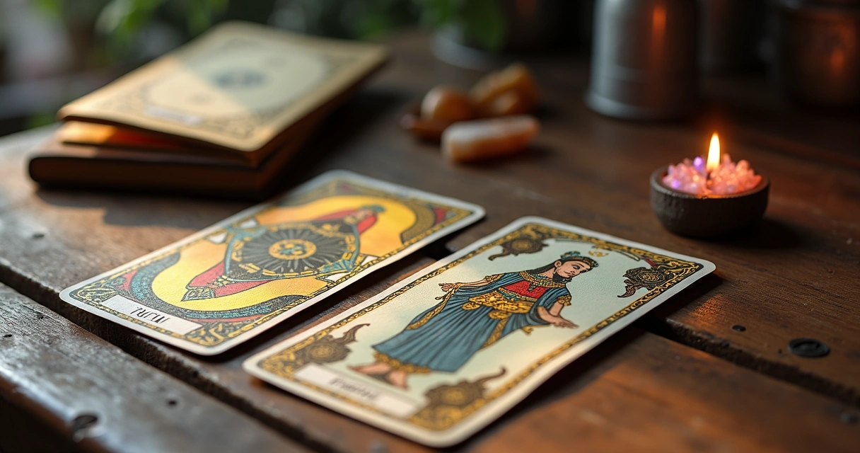 Carta de Tarot e carta do Baralho Cigano lado a lado sobre mesa de madeira com iluminação suave