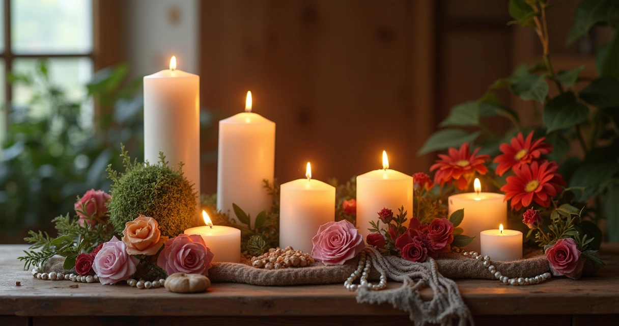 Altar pessoal compacto em pequeno espaço com velas, cristais, plantas e amuletos organizados com delicadeza