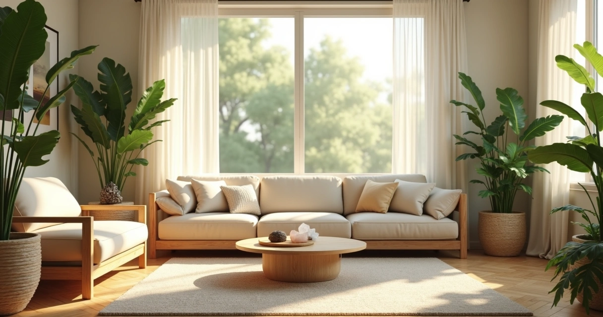Sala iluminada com decoração natural e plantas, luz suave filtrada pelas janelas, ambiente calmo e harmonioso