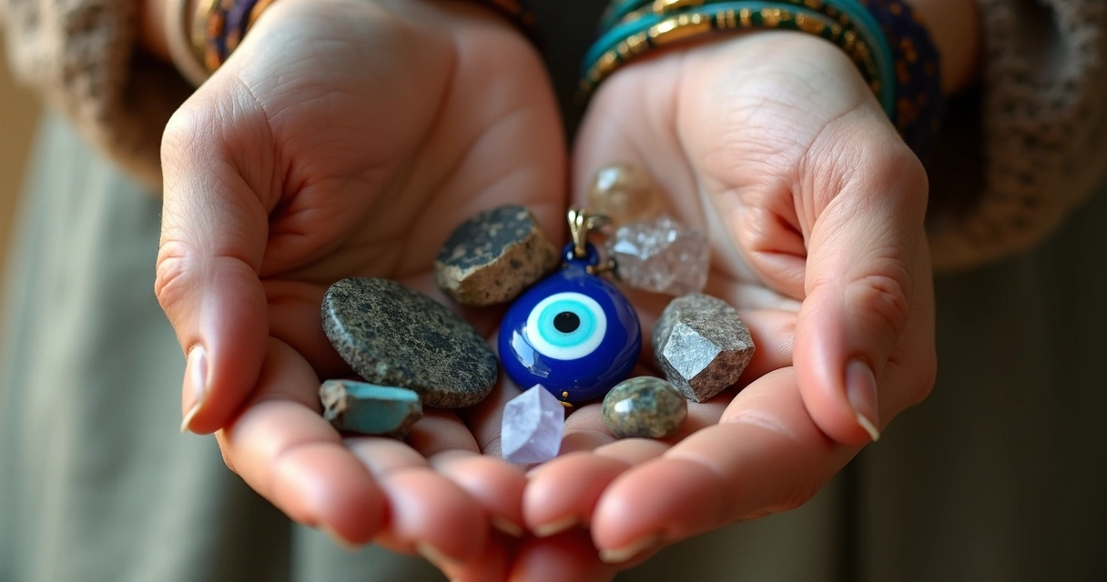 Mãos segurando amuletos variados como olho grego, cristais e pulseiras místicas em fundo neutro