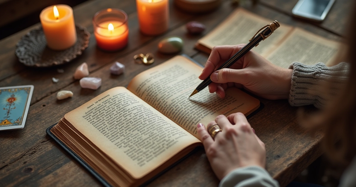 Pessoa escrevendo em diário espiritual com elementos místicos ao redor em mesa de madeira