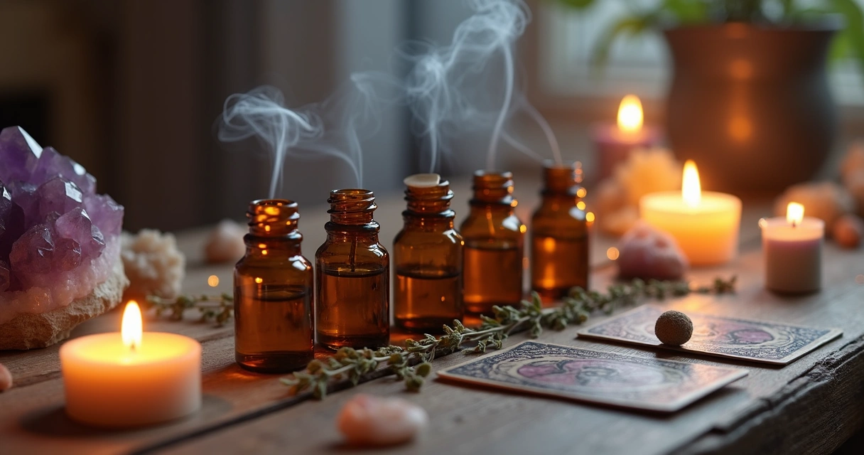 Mesa com frascos de óleos essenciais, velas acesas e cristais para estimular a intuição