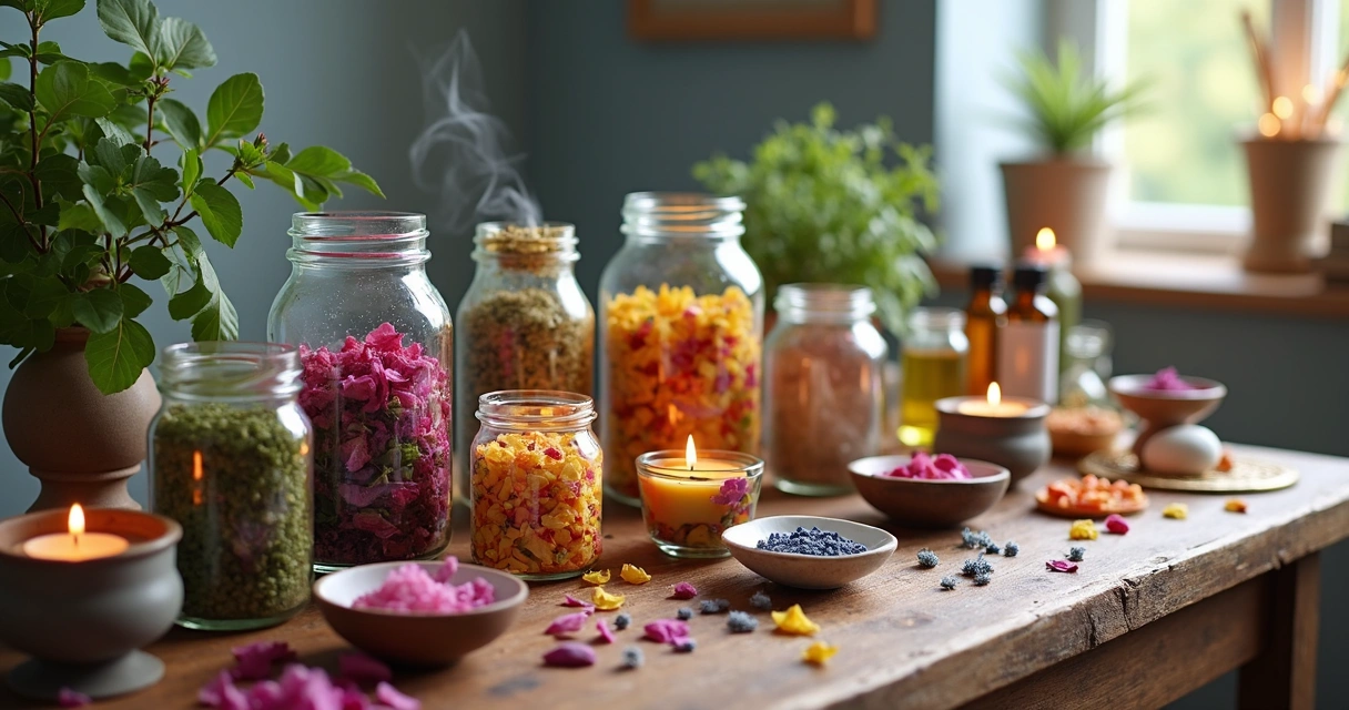 Frascos de vidro com ervas naturais, flores e cristais organizados sobre mesa de madeira para preparo de banho energético personalizado