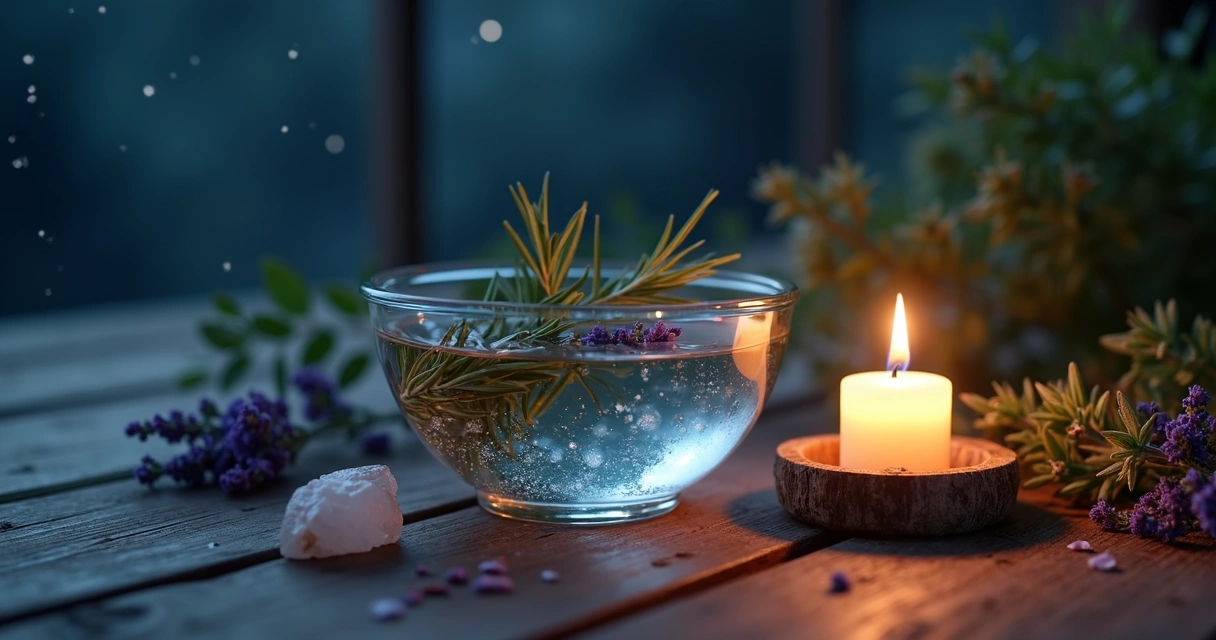 Banho noturno com ervas, vela acesa e recipiente de vidro com água iluminada na penumbra
