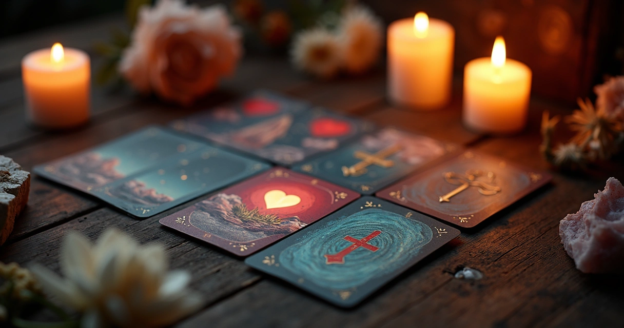Baralho cigano com cartas de amor dispostas sobre mesa de madeira escura com velas e elementos místicos