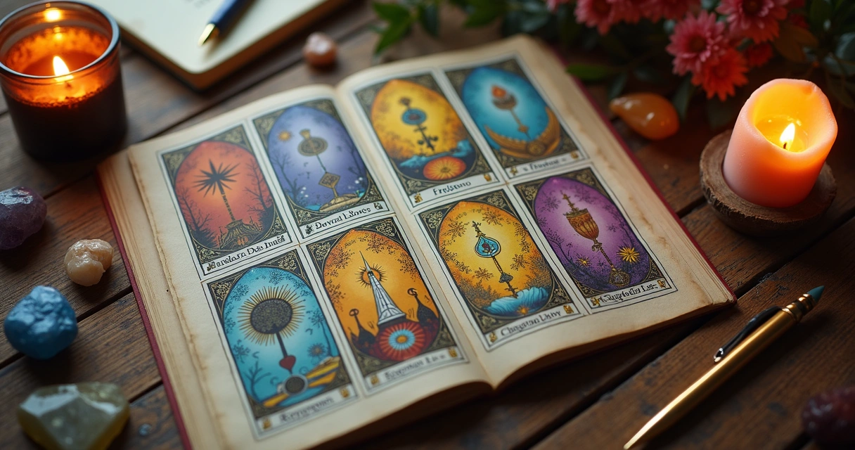 Mesa com cartas de tarot abertas, cristais, vela acesa e elementos esotéricos ao redor