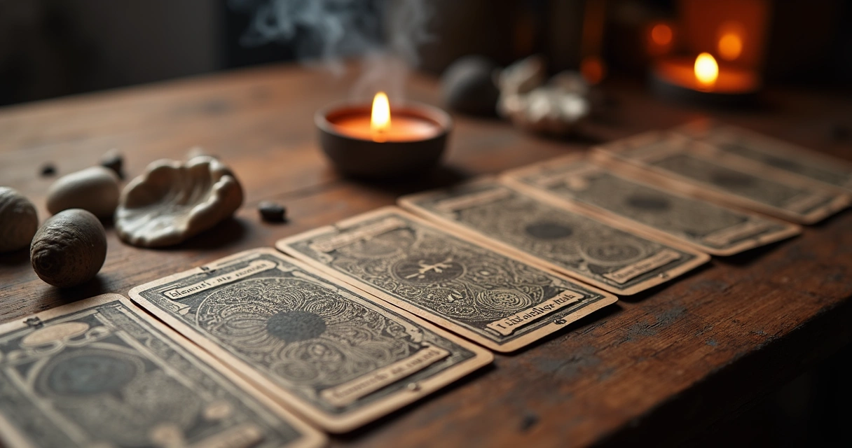 Cartas de tarot dispostas sobre mesa de madeira com búzios e vela acesa ao lado