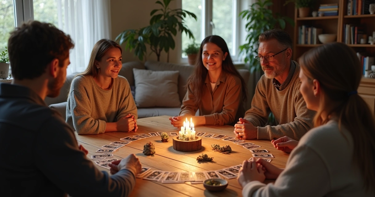 Mesa com cartas de tarot abertas no centro durante reunião familiar em ambiente acolhedor