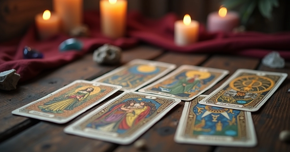 Cartas de tarot espalhadas sobre mesa de madeira com iluminação suave e detalhes das figuras das cartas