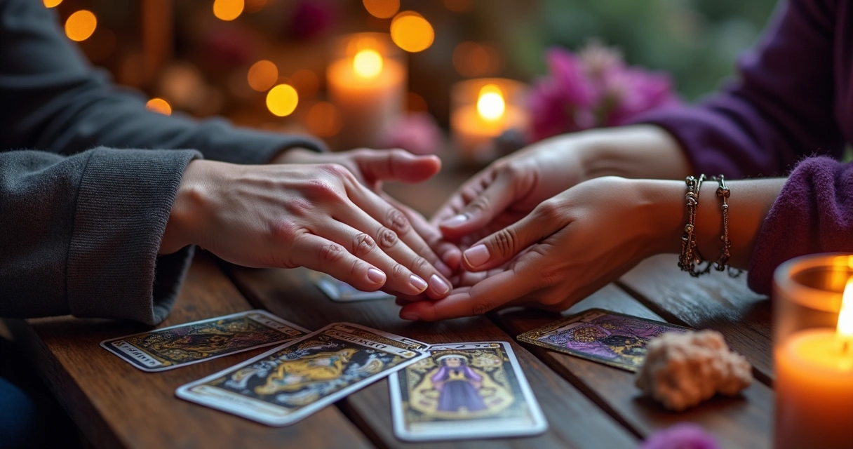 Duas mãos seguras trocando cartas de tarot com fundo de mesa mística decorada com velas e cristais