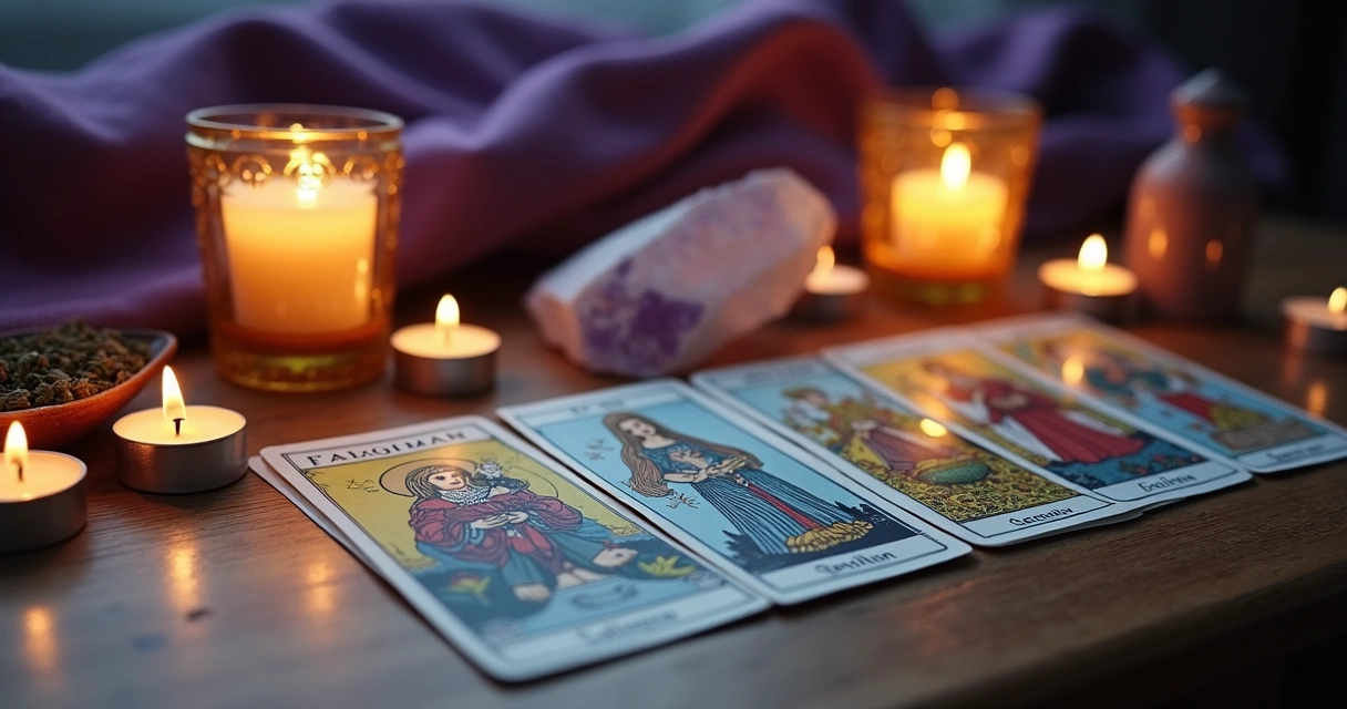 Cartas de tarot abertas sobre mesa de madeira com símbolos dos arcanos maiores e velas acesas ao redor