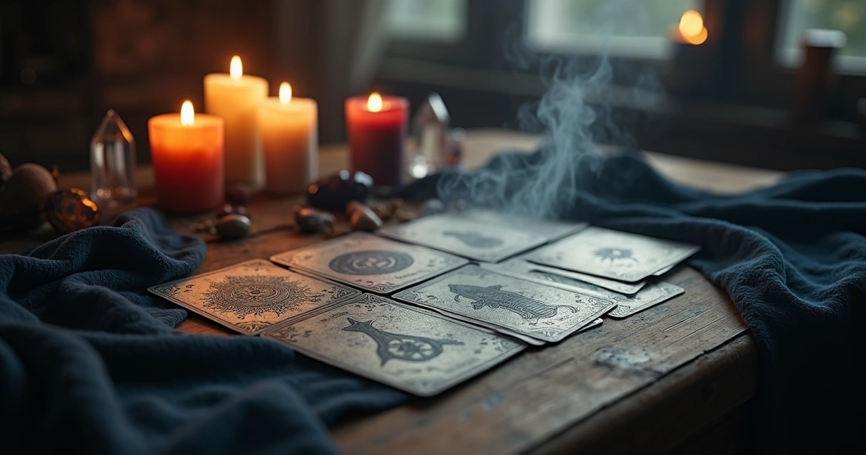 Baralho de tarot de sombras aberto sobre mesa com luz tênue e lenço escuro